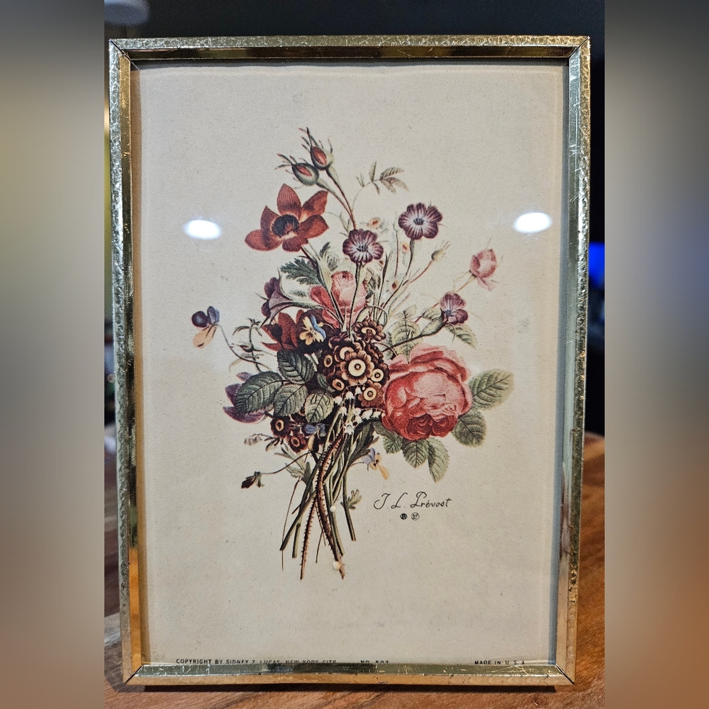 Vtg gold tone metal frame w/ vintage floral lithograph. 7.25" x 5.25" x 1"